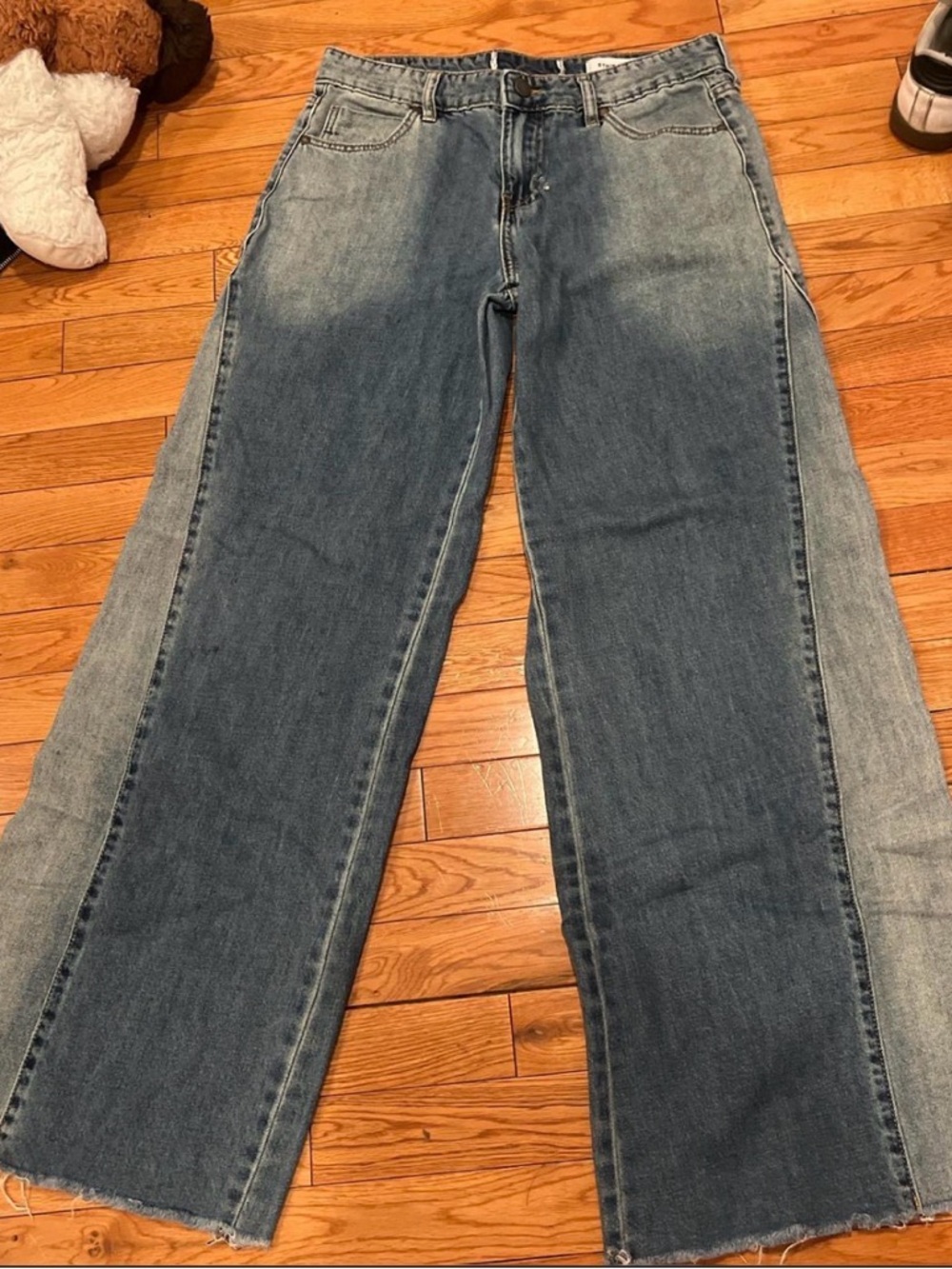 Two-Tone Wide Leg Jeans - Blue Denim